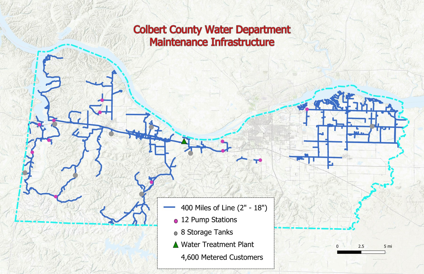 Map of Colbert County showing the rural water distribution network, pump stations, storage tanks, and water treatment plant.